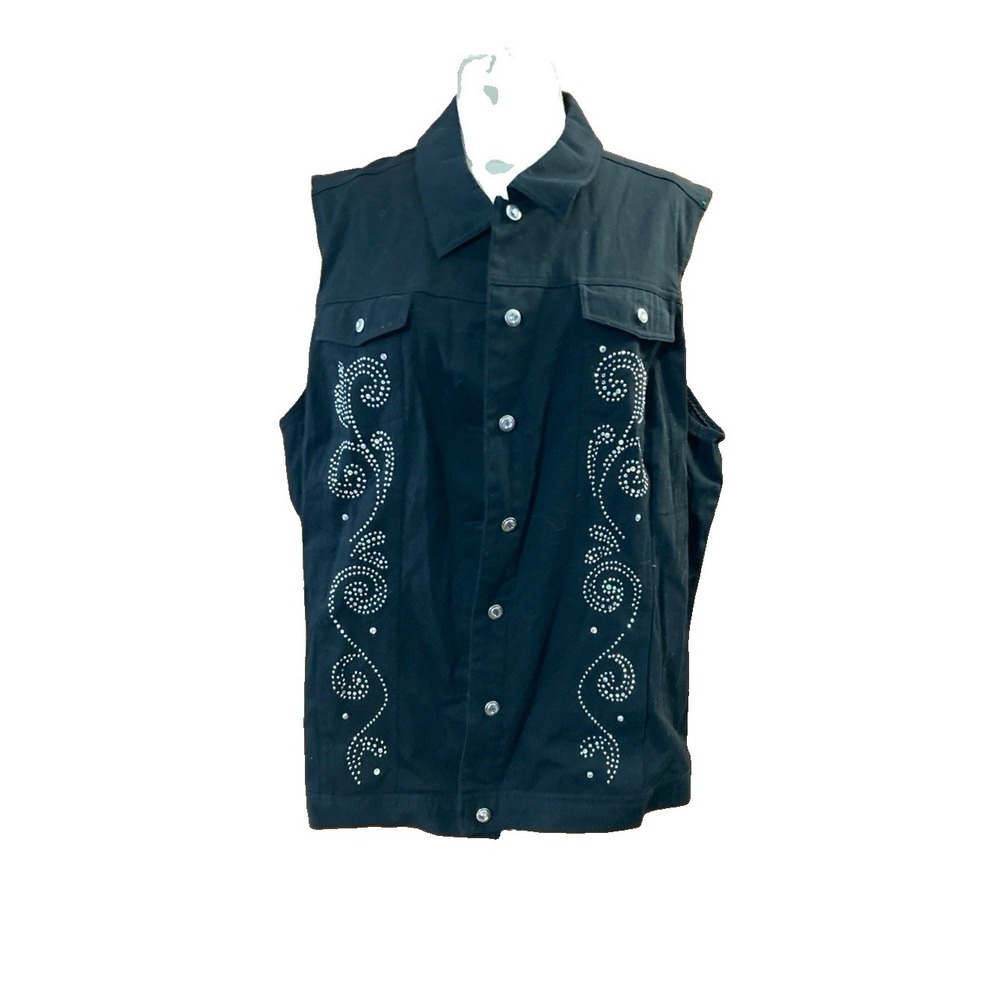 Quicker Factory Rhinestone Western Denim Vest Sz 2X New Black Jeweled Pockets
